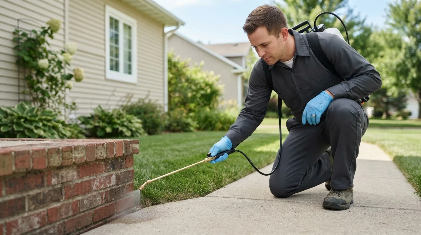 Pest control technician treating a home near Severy, KS
